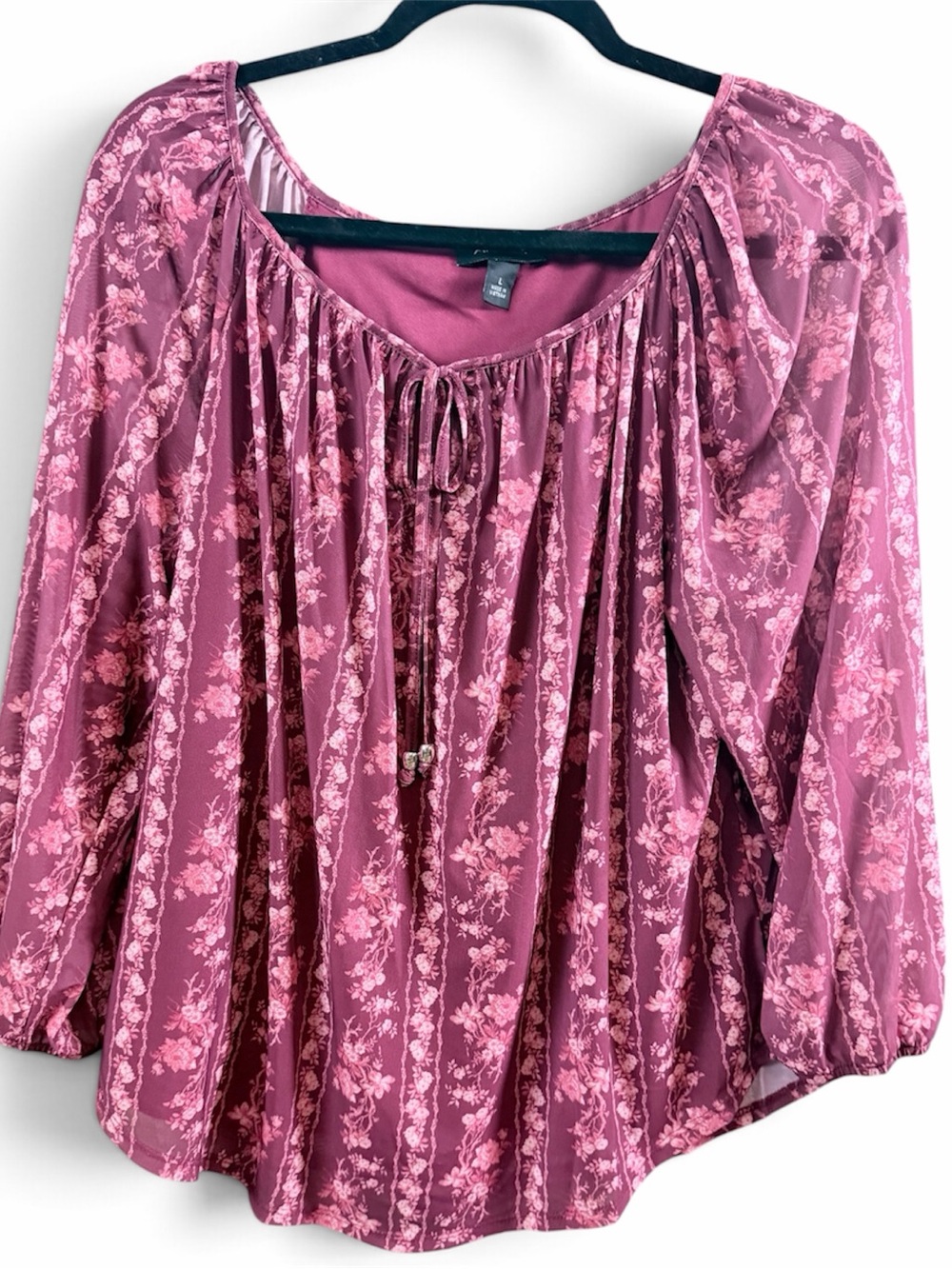 NWT. A. Byer Rose Mauve Floral Tie-Neck Peasant Top
